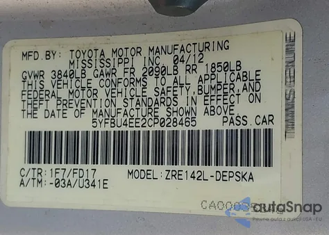 2012 Toyota Corolla S из США, поврежденный, VIN 5YFBU4EE2CP028465